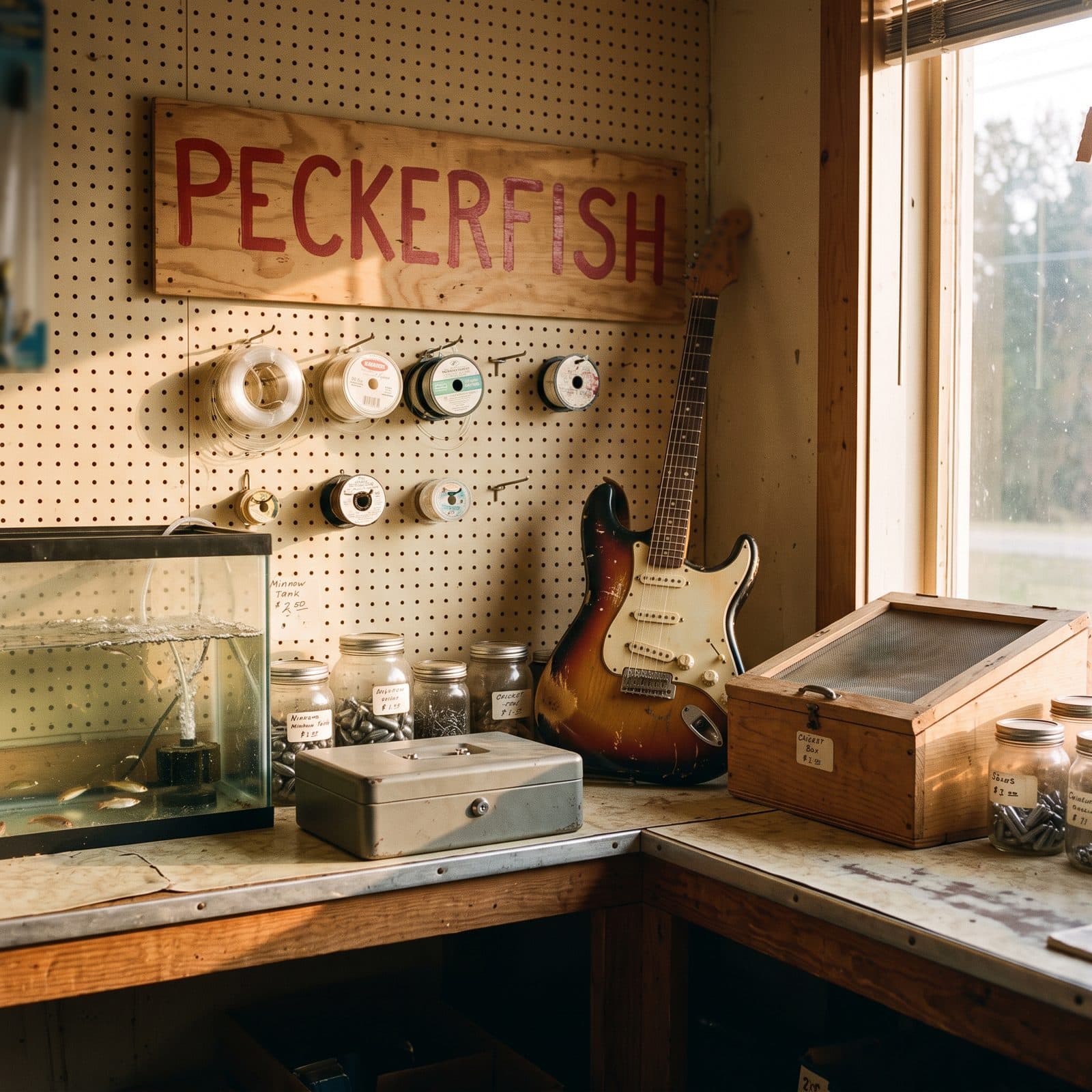 A bait shop counter with minnow tanks and a hand-painted sign