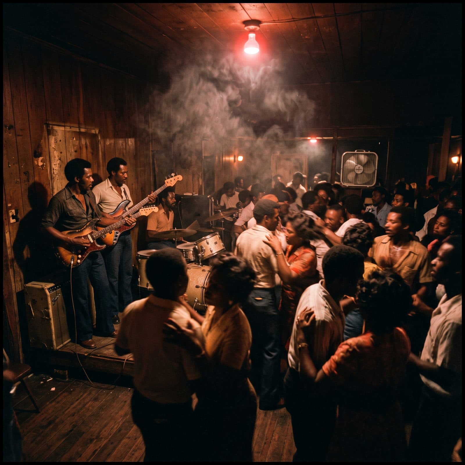 A crowded juke joint dance floor under a single red bulb