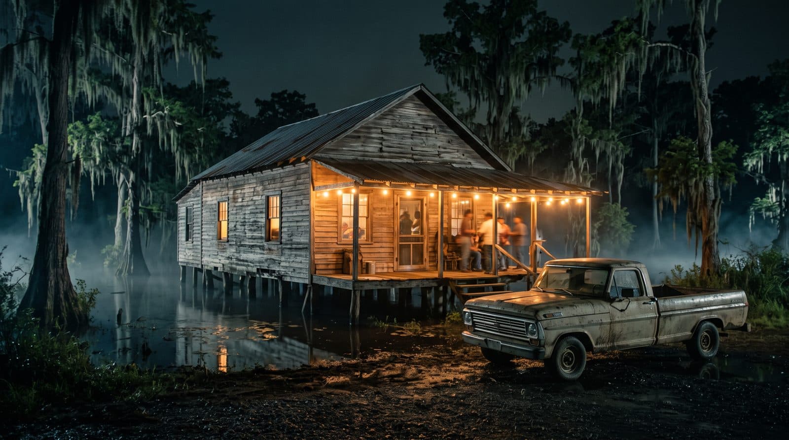 A tin-roofed juke joint on stilts over a bayou at night, string lights in the trees