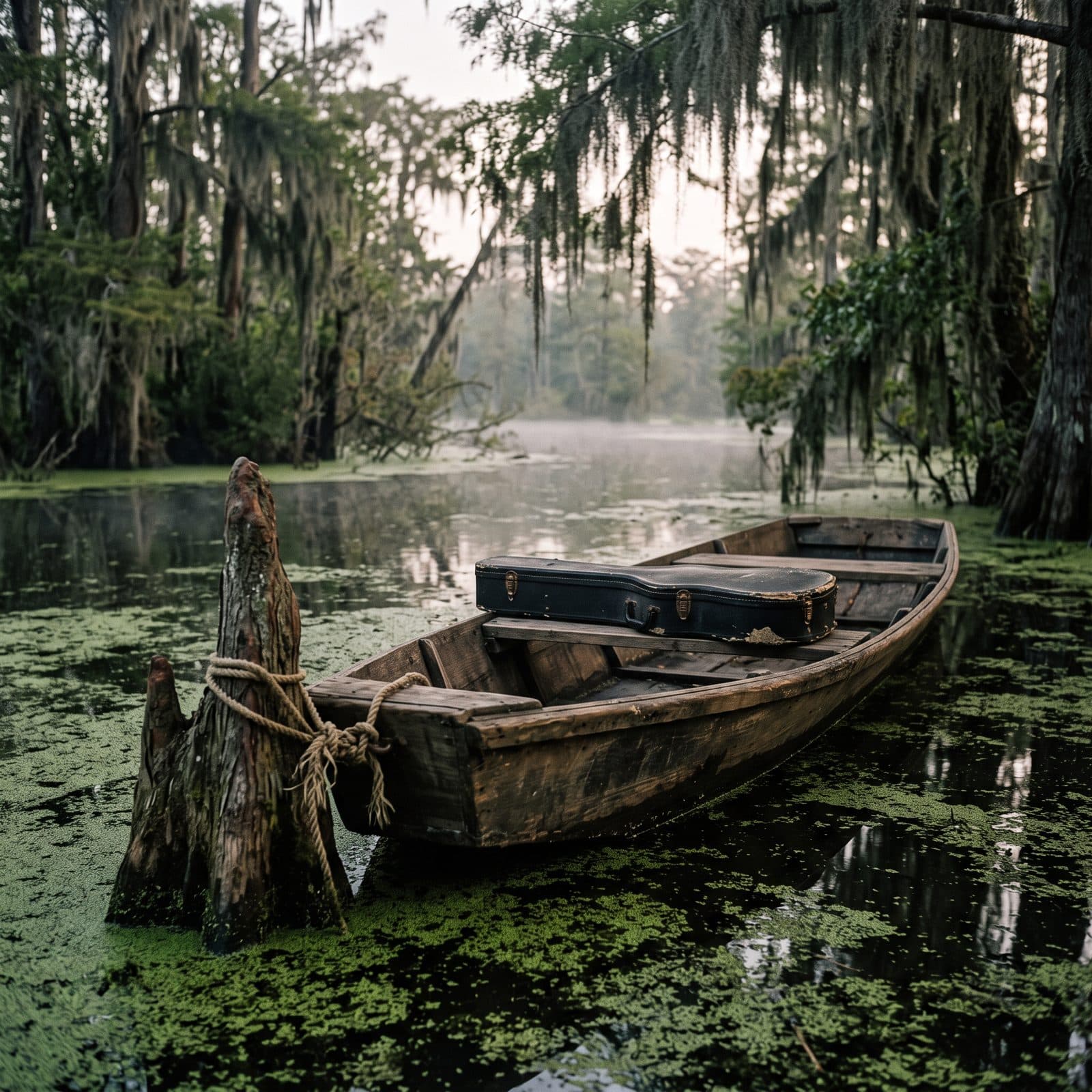 A flat-bottomed boat tied to a cypress knee with a guitar case on the seat