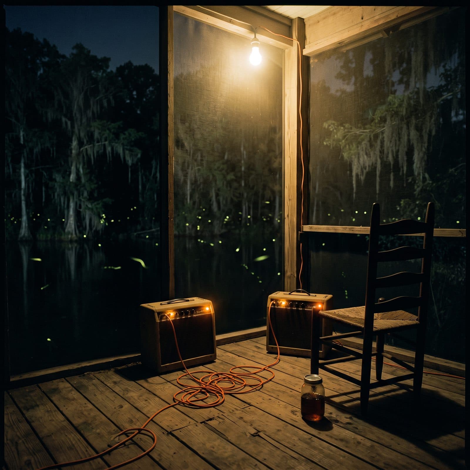 Two tube amplifiers on a screened porch beside a bayou